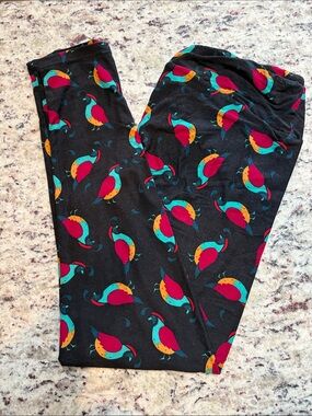 LuLaRoe Black Leggings with Teal, Magenta & Yellow Bird Print